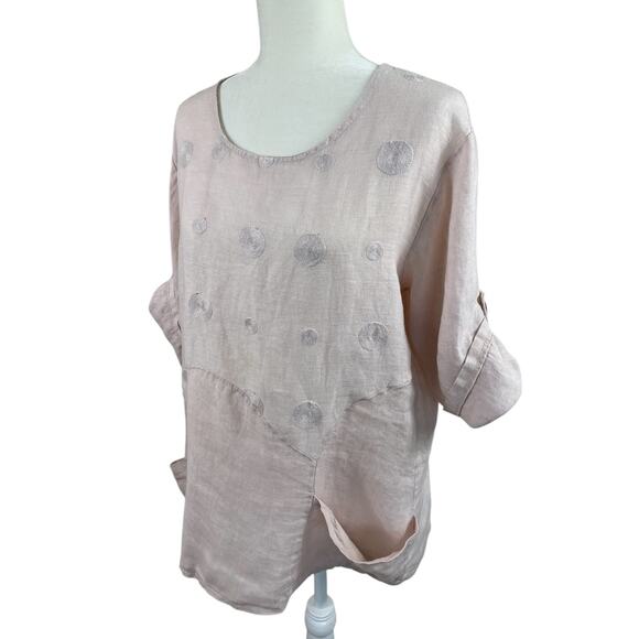 Made In Italy Linen Top Asymmetrical Boho Laganlook Roll Tab Sleeve Pink Large - Picture 1 of 15